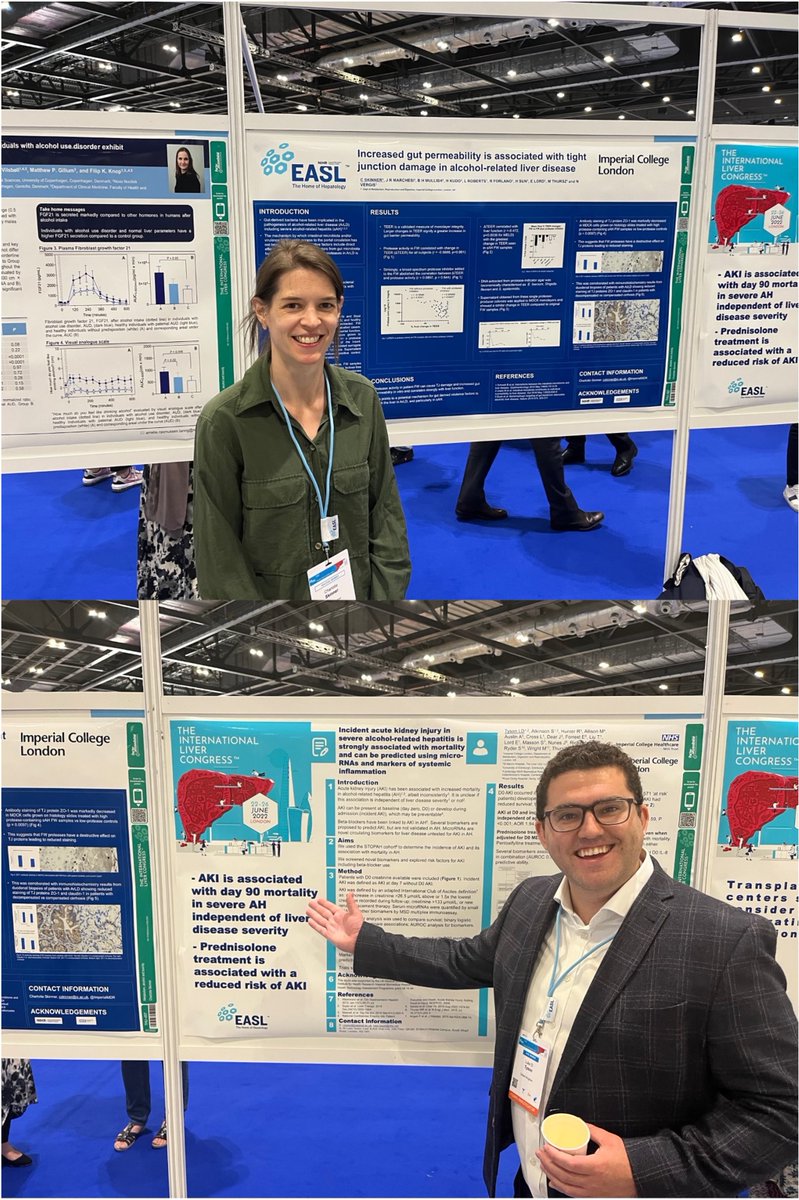 IHepatology's tweet photo. An action-packed #ALD #alcohol poster session at @EASLnews #ILC2022 today, with @drcskinner85 work on #proteases #GutBarrier, and @lukelikeslivers on microRNA and AKI in #AlcHep @ImperialMDR #LiverTwitter @AlchepUK https://t.co/dBZfpdXKyy
