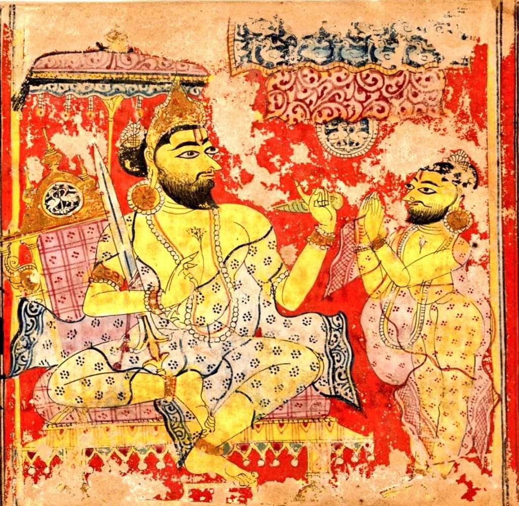 King Siddhartha (Father of Bhagvan Mahavir) depicted in Jain Kalpasūtra Miniature painting (14th century).

The royalty is highlighted by the Chattra, Crown on head & Sword in hand.

Tīrthaṅkara Mahāvīra was born of a royal Kshatriya family of Videha