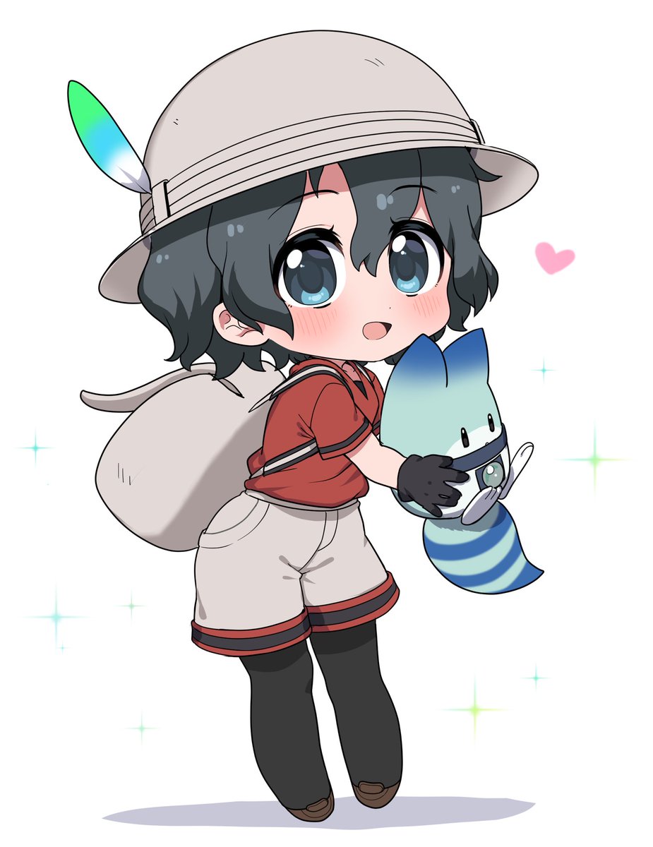 kaban (kemono friends) ,lucky beast (kemono friends) 1girl black hair shirt red shirt backpack shorts bag  illustration images