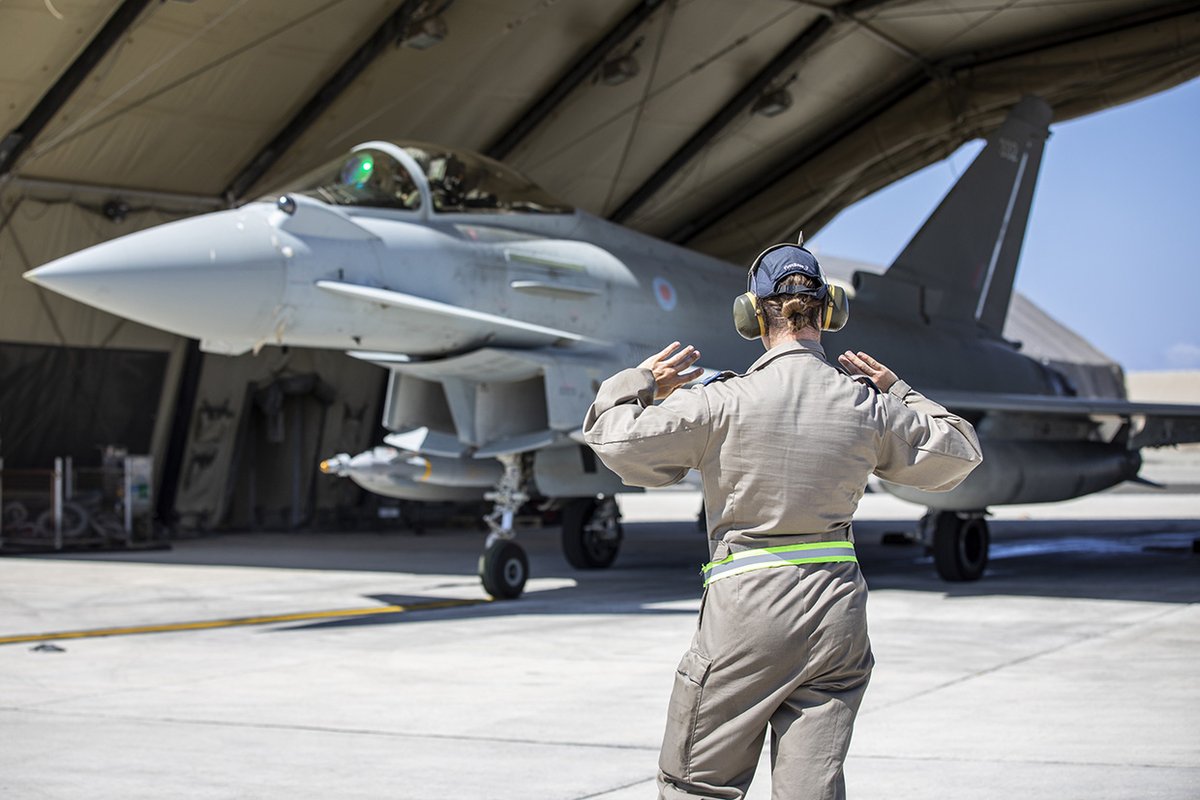 Pictured: Engineers in 903 Expeditionary Air Wing prepare a <a href="/RoyalAirForce/">Royal Air Force</a> Typhoon for flight in Cyprus as part of Operation SHADER.

Happy International Women in Engineering Day. #INWED22 <a href="/INWED1919/">INWED</a>
