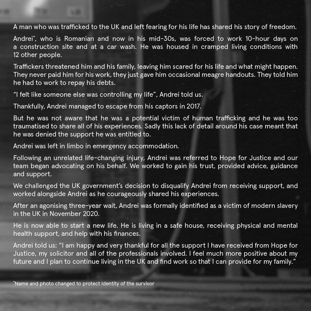 Andrei*, who is Romanian, was forced to work 10-hour days on a construction site and at a car wash. He was housed in cramped living conditions with 12 other people. 

Read his full story below and learn more about our #MenAreVictims campaign here👇
hopeforjustice.info/3tLVhqn