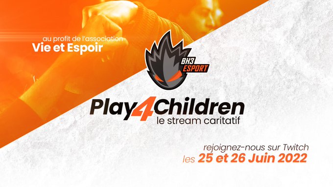 Ce week-end aura lieu le 25 et 26 juin sur twitch la première édition du stream caritatif #Play4Children organisé par l'équipe @BH3_Esport au profit de l'association Vie et Espoir !
Les fonds récoltés serviront à acheter des jeux pour les enfants malades ! #Solidarité