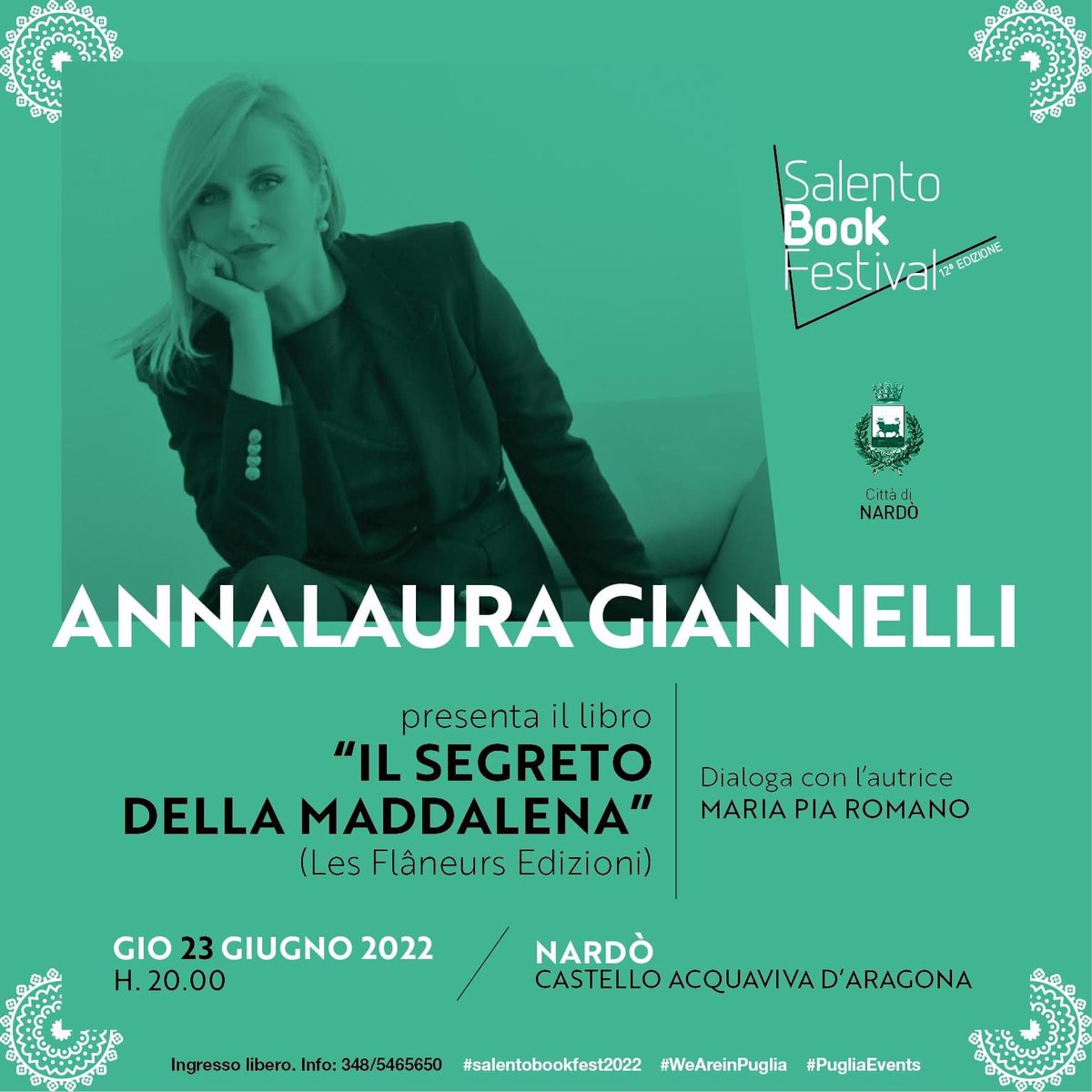 Torna il <a href="/SalentoBookFest/">SalentoBookFestival</a>! La prima tappa neretina dell'edizione 2022 è stasera con le presentazioni dei libri di Annalaura Giannelli e Gianluigi Nuzzi. Appuntamento al castello alle ore 20 e 21. Non mancate!

#salentobookfest2022 #weareinpuglia #pugliaevents #Nardo