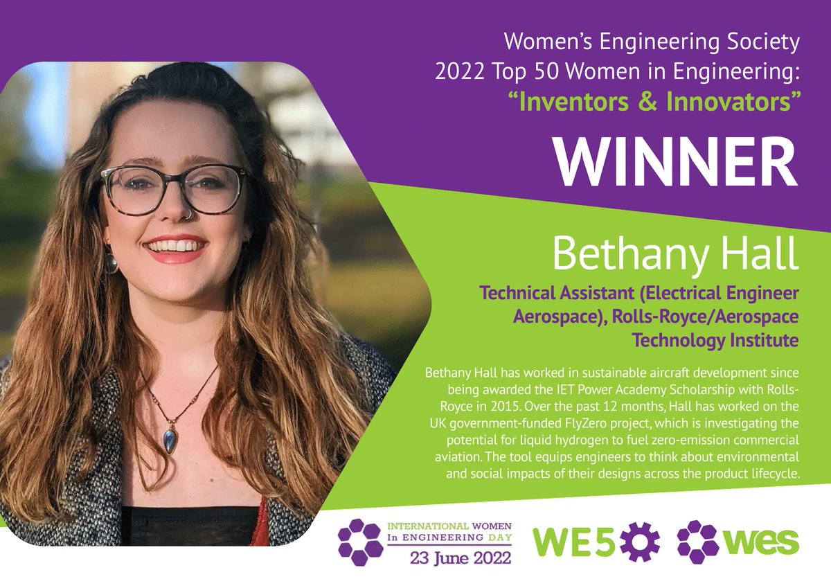 On International Women in Engineering Day, we are thrilled to congratulate WYPB member Bethany Hall on being named as one of the Top 50 Women in Engineering in the #WE50 awards! Her innovative work on FlyZero &amp; drive to improve diversity in #STEM is incredible! #INWED22 <a href="/WES1919/">Women's Eng. Society</a>