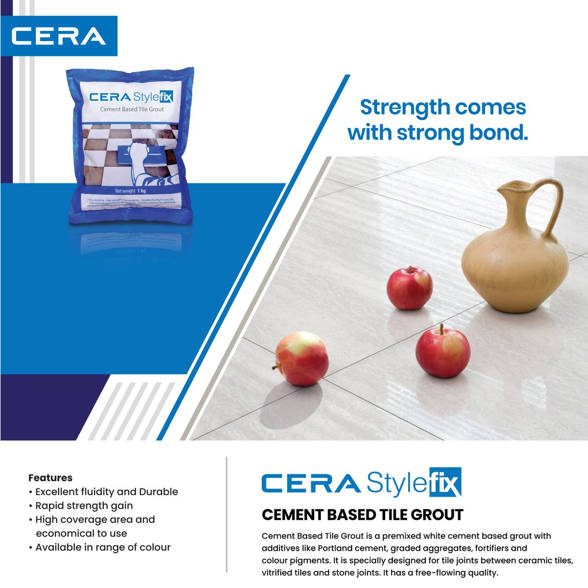 Cement-based tile grout by Cera with excellent fluidity & durability to strengthen tile joints.

#TileGrout #ConstructionChemicals #StyleFix #BeautifulHomes #StrongBonds #Cera