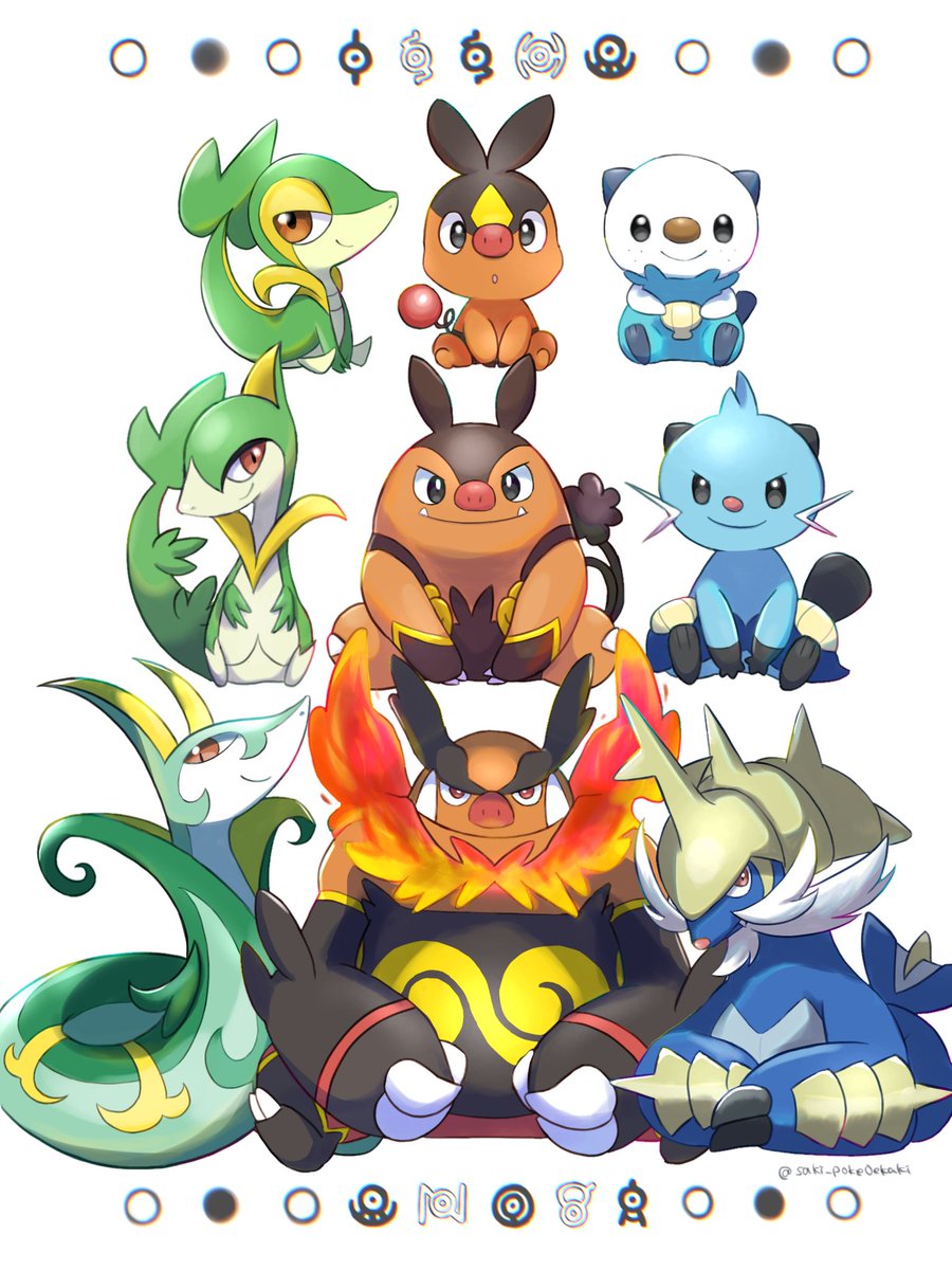 oshawott ,snivy ,tepig pokemon (creature) starter pokemon trio no humans fire closed mouth smile sitting  illustration images