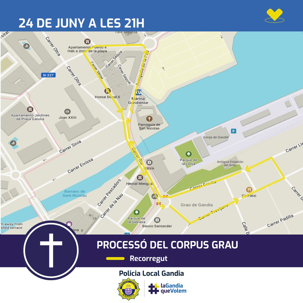 PLGandia's tweet photo. ✝️Aquesta vesprada es celebra la processó del Corpus de Sant Joan al Grau.
🚫Per favor reviseu els estacionaments reservats a tot l'itinerari.
⛔️Els tallements de trànsit començaran a les 17:00 hores.
#LaGandiaqueVolem #Trànsit #processons https://t.co/1j2BLfzx0U