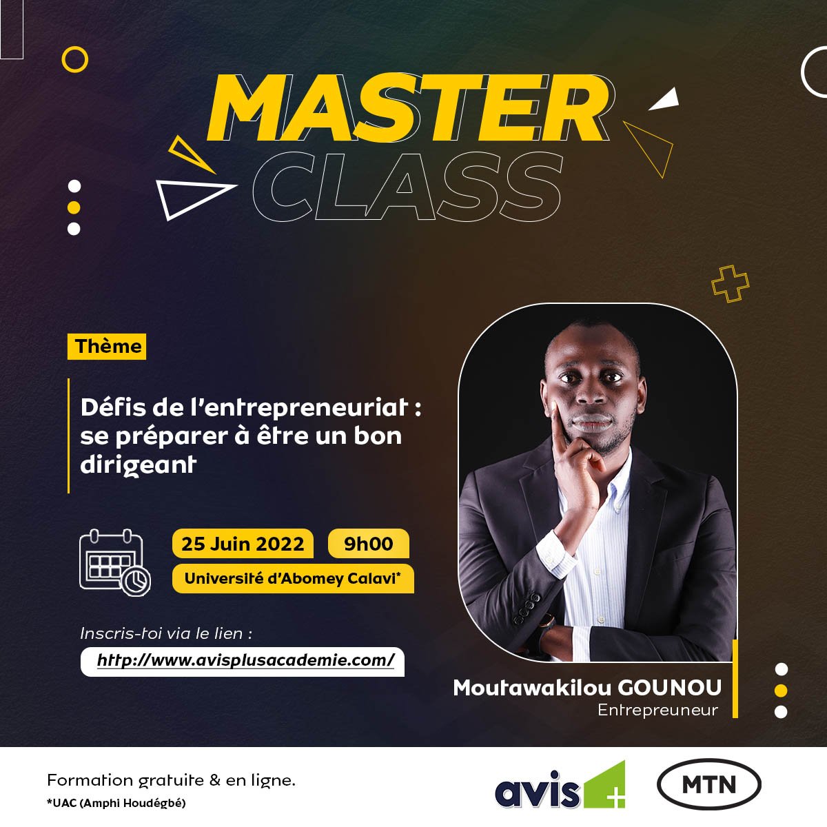 MTNBenin's tweet photo. Tu as une entreprise et tu rencontres quelques difficultés ?
Le CEO de @Gounouchocolat, t’invite ce samedi 25 Juin 2022 pour t’entretenir sur les 𝐝𝐞́𝐟𝐢𝐬 𝐥𝐢𝐞́𝐬 𝐚̀ 𝐥’𝐞𝐧𝐭𝐫𝐞𝐩𝐫𝐞𝐧𝐞𝐮𝐫𝐢𝐚𝐭.
#MASTERCLASSMTN #MTNRéseauN1 #BienEnsemble https://t.co/JD1wSB1rg4