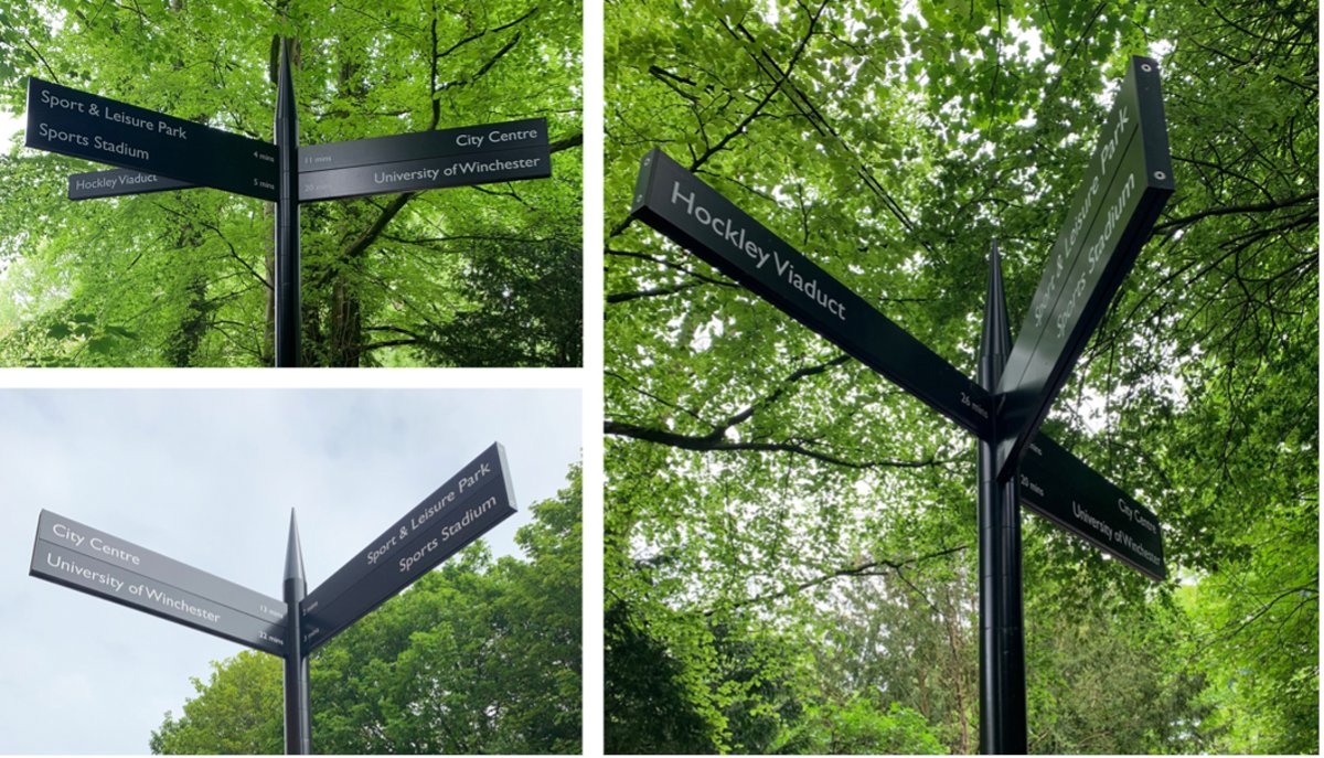 TrueformGroup's tweet photo. These #wayfindingsigns we manufactured in #Winchester, Hampshire are helping boost local businesses by increasing footfall with more people choosing to #walk or #cycle. #walking cycling #healthystreets #activetravel #cleanair #walking #activemobility #fingerposts #wayfinding https://t.co/6FUgmQ7gkG