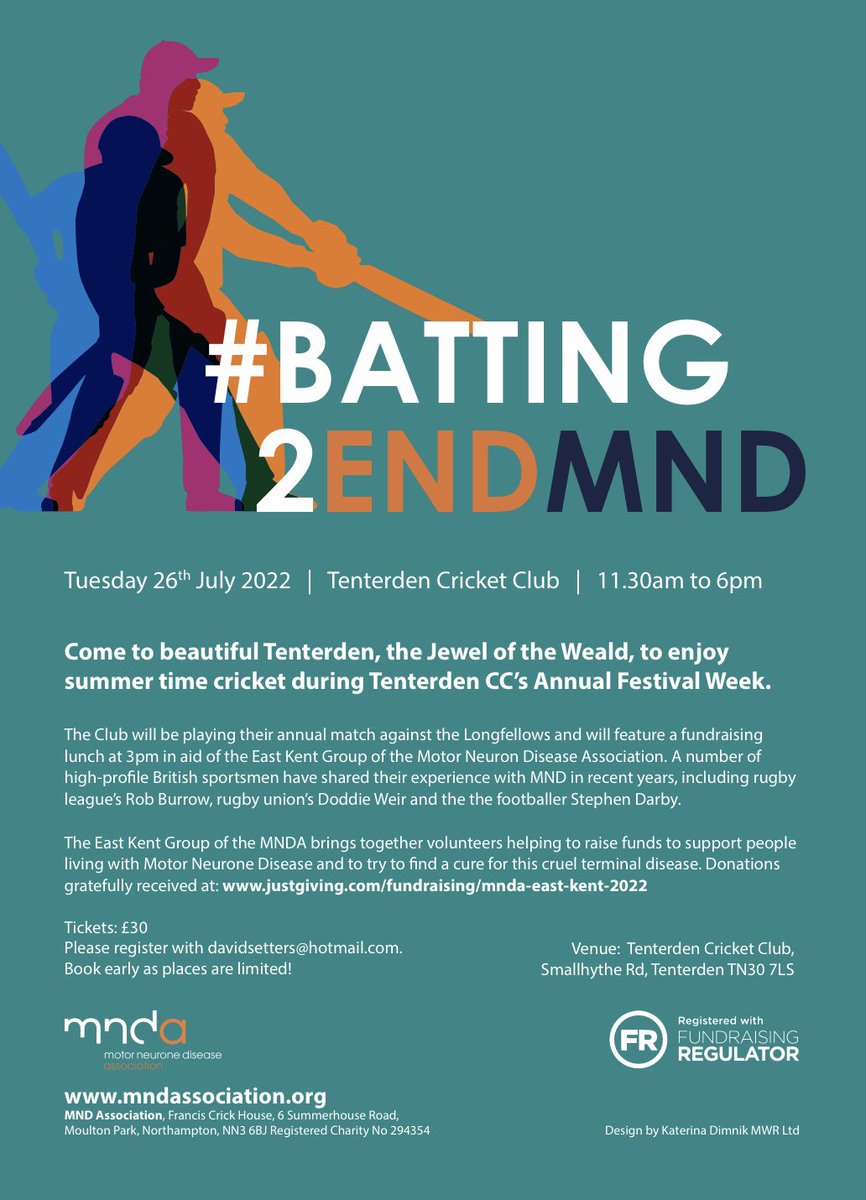 Come to sunny @MyTenterden on July 26th to enjoy cricket @TenterdenCC1 Annual Festival Week & help raise funds @MNDAEastKent to support people living with motor neurone disease & to find a cure for this cruel disease. To book your place at #Batting2EndMND see details on below.