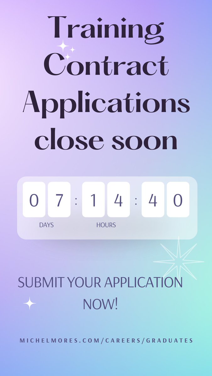 MMCareers's tweet photo. There is 1 week left to apply for our @michelmores Summer Assessment Day for a Training Contract commencing Sept 2022, 2023 or 2024. 

Find out more about life as a trainee, come along to our Virtual Trainee Q&amp;A Event today at 4pm today by registering here https://t.co/n4ePhXnhJE https://t.co/MX2Q4c1FHH