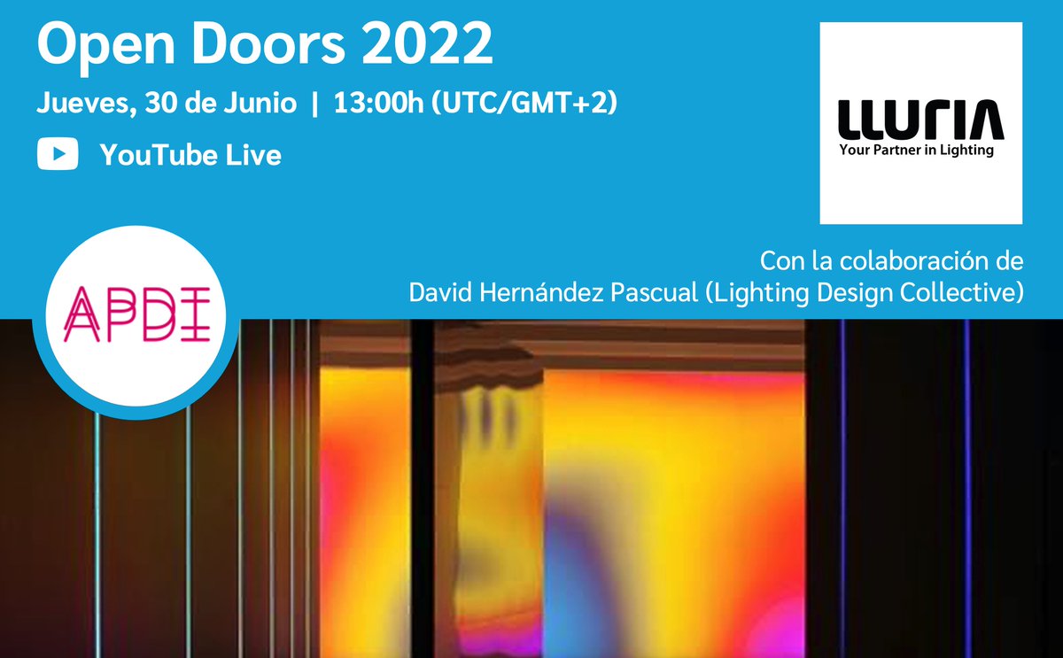 asociacion_apdi's tweet photo. Próxima cita #OpenDoors2022 protagonizada por #lluria con una interesante sesión dedicada a la iluminación digital. ¡No os la perdáis! Jueves, 30 de junio, 13:00h (UTC/GMT+2h) #apdi_somos #CulturaDeLaLuz https://t.co/PYao9JQVu3 https://t.co/hFhoq1qFuT