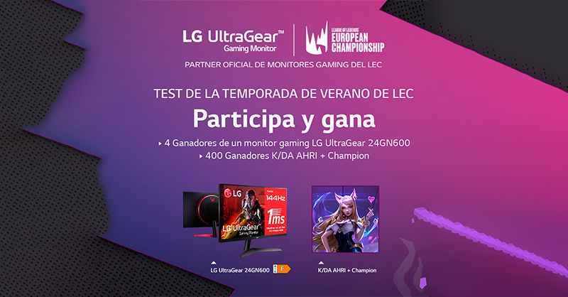lgespana's tweet photo. Aficionados del mundo gaming: llegamos con SORTEAZO para el test de la temporada de verano de @LEC👏.¡Participa en nuestra web y gana 🏆! 

¡Disfruta de la mejor tecnología para jugar a videojuegos con LG UltraGear IPS 1ms con máxima velocidad de respuesta!