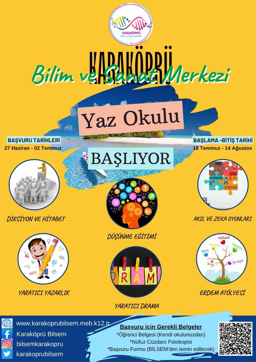 karakoprubilsem's tweet photo. BİLSEM'de Yaz Okulu Başlıyor. 2021-2022 Eğitim-öğretim yılında 2. sınıftan 12. sınıfa kadar olan sınıflarda öğrenim gören öğrencilerimize yöneliktir. Müracaatlar BİLSEM'lere şahsen yapılacaktır. @varmik @mramazanbarin @sanliurfammem63 @KarakopruM @valisalihayhan @UrfaValiligi https://t.co/8mz2SV7BL4