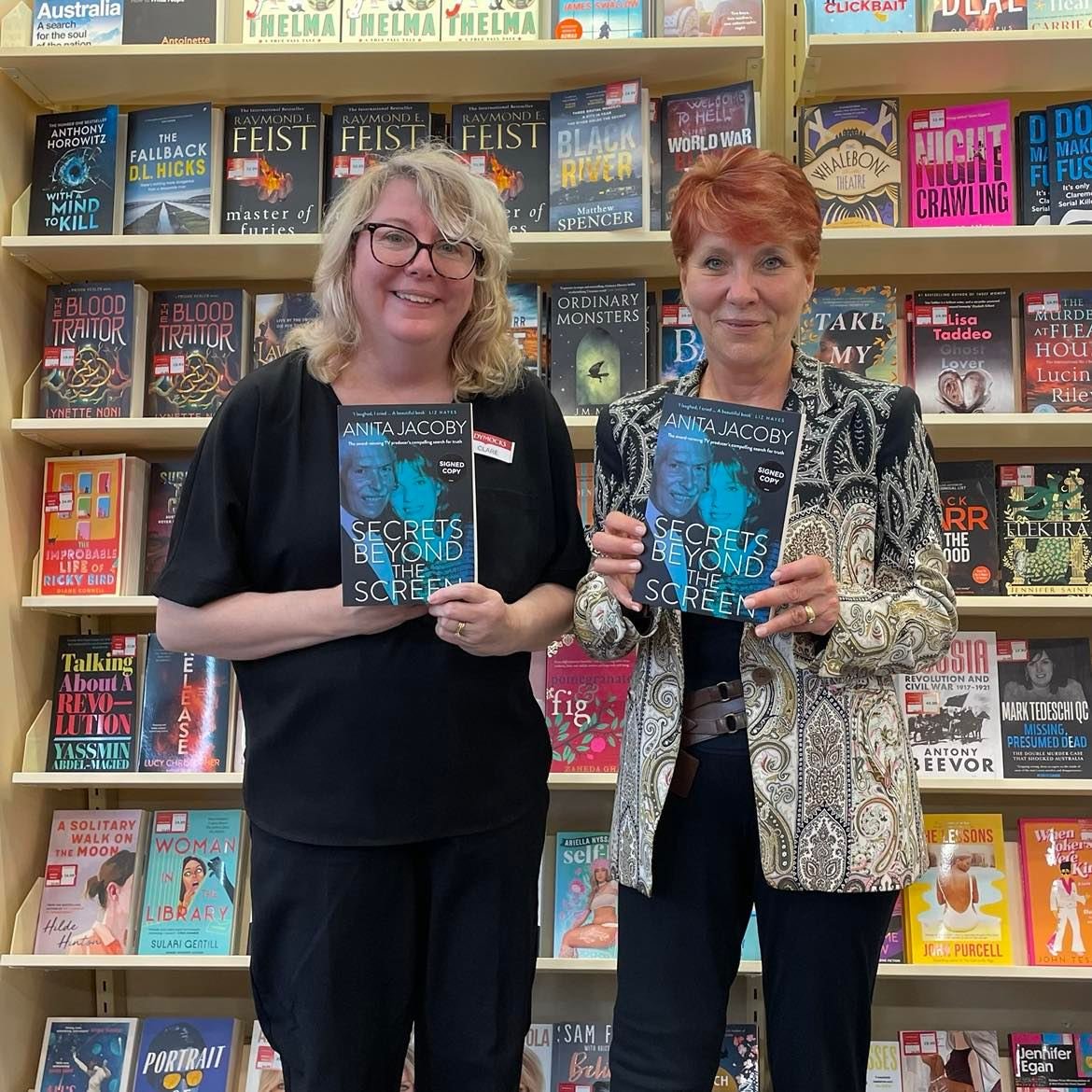 DymocksE's tweet photo. Thank you to @Anita_Jacoby for visiting our store today and signing copies of her #Biography 'Secrets Beyond The Screen'. This is a story about a daughter's love for her father and her search to uncover the truth about his past. https://t.co/ea2x5fy5Zs
