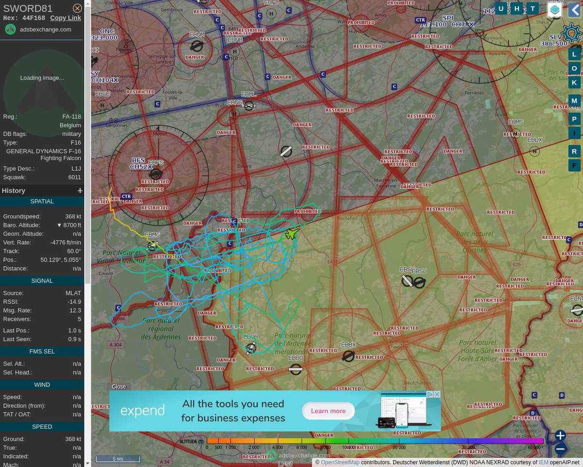 Radar_Assistant's tweet image. MULTI ADSBX MANOEUVRING ALERT : At time Thu Jun 23 09:24:48 2022 #SWORD81  was likely to be manoeuvring at FL232 12nm from BFS Florennes_TACAN_BE
 near Dion, Beauraing, Dinant, Namur, Wallonie, 5570, Be #AvGeek #ADSB globe.adsbexchange.com/?icao=44F168&amp;amp;z…