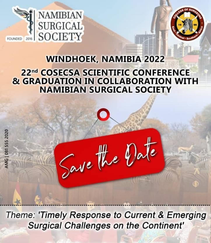 COSECSA in collaboration with Namibian Surgical Society will be hosting the 22nd COSECSA Scientific Conference on 8-9 Dec 2022 at Windhoek, Namibia.

The abstracts submission window is now open.

Submit before 28th October 2022.

Submission Link: bit.ly/3ye7GWK