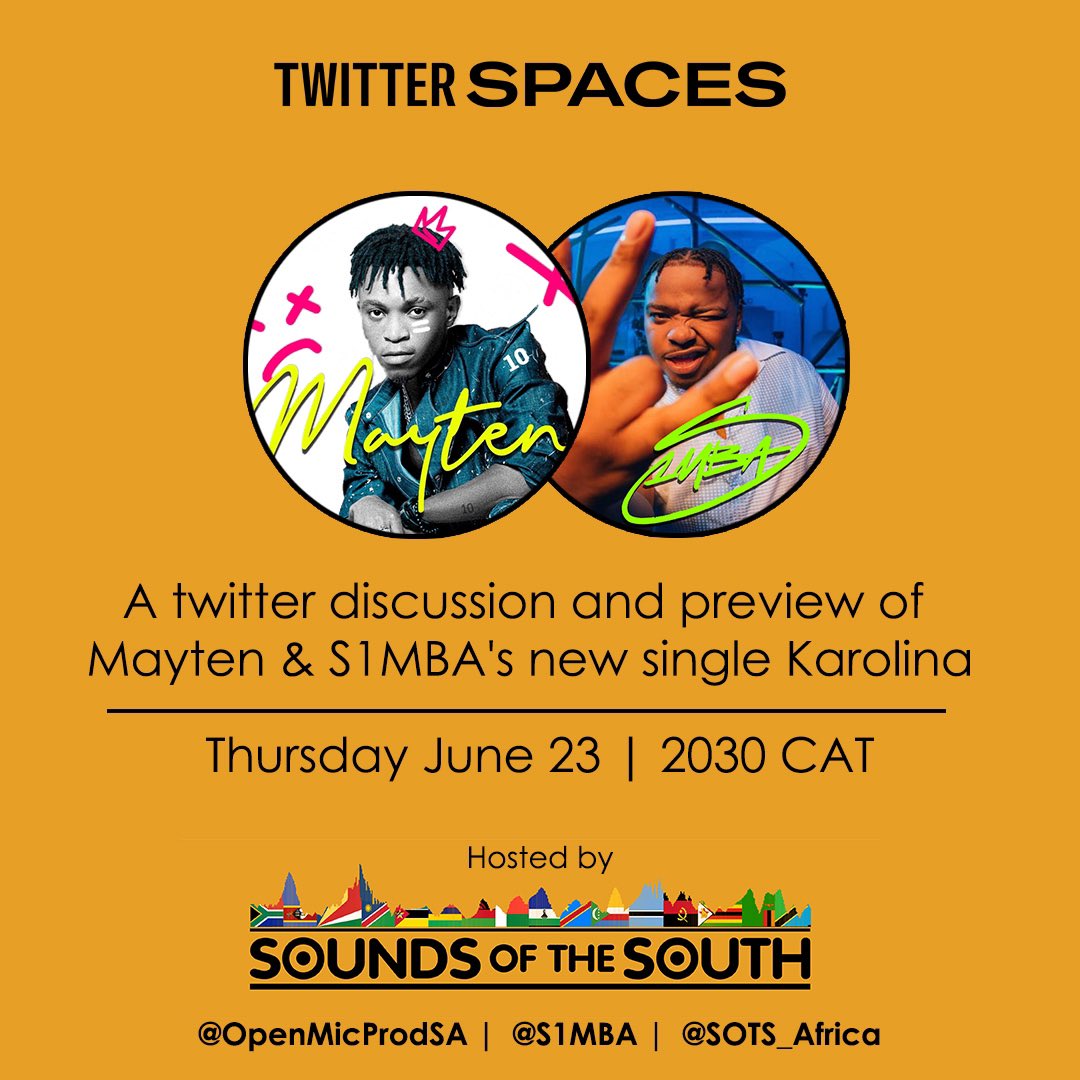 SOTS_Africa's tweet photo. Join us tonight to as we discuss this week's news and chat with Mayten and @S1MBA about their new single Karolina 
@OpenMicProdSA @Africori @Songezile @WyzeeQue @PhilChard 

Link👉🏿: https://t.co/PNZYH6fA7n https://t.co/oWYtbl7F3q