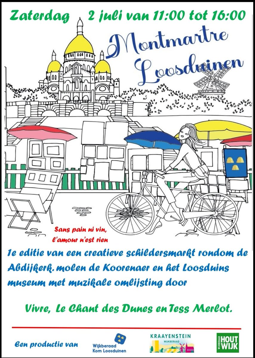 Volgende week zaterdag, #Montmartre in #Loosduinen. 11.00-16.00 uur Creatieve schildersmarkt muzikaal omlijst door Vivre, Le Chant des Dunes en @tessmerlotmusic. In gebied bij molen, Abdijkerk en Museum.