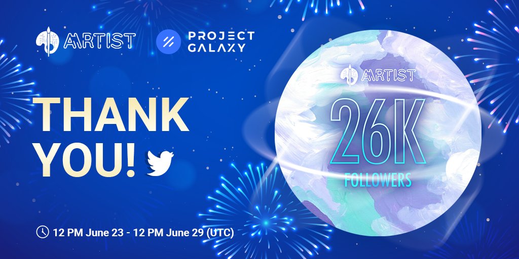 realAIRTIST's tweet photo. 🥂Cheers! We hit 26K followers on Twitter! To celebrate this milestone, we are issuing an #OAT badge to all our supporters!

🥳This is an open-to-all event and everyone completes the Gleam tasks will be eligible.  

⏰12 PM June 23 - 12 PM June 29 UTC
🔗https://t.co/hF5FMYGerm https://t.co/l2LdINo1dH