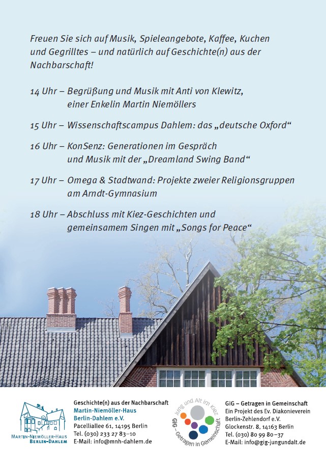 Herzliche Einladung zum Nachbarschaftsfest: Sa, 25.6., 14–19Uhr im und am Martin-Niemöller-Haus Berlin-Dahlem. Geschichte(n) von heutigen und früheren Nachbar*innen aus Dahlem und Umgebung mit Fotos, Plakaten, Videos, Installationen und Musik.