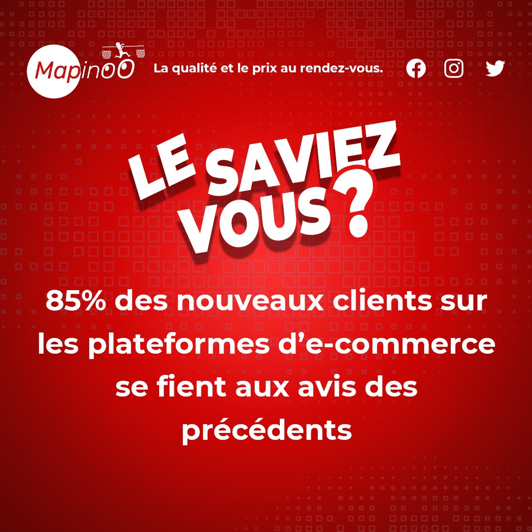 Mapinoo4's tweet photo. Hello les map's
Le saviez vous ?
85% des nouveaux clients sur les plateformes d'e-commerce se tient aux avis des précédents.
Alors il est important d'avoir une bonne réputation auprès des clients.
#Mapinoo https://t.co/A8yOdPgJGL