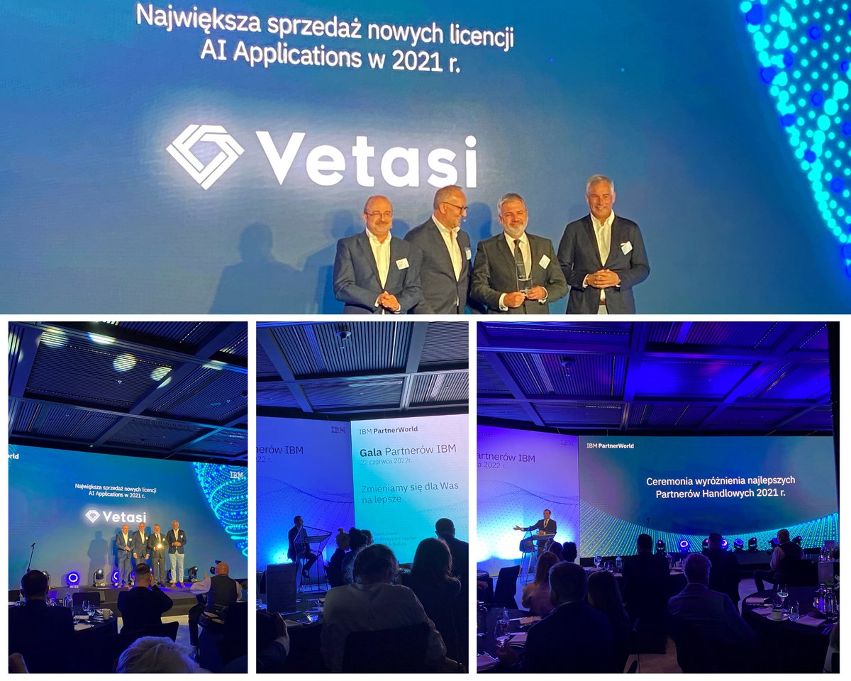 Vetasi's tweet photo. Vetasi Poland: An Award-Winning Team 
Last night at this year’s IBM Business Partner Gala in Warsaw, Vetasi Poland received the award for: The largest number of sales of new AI Application Licenses in 2021. Thank you to @IBM Polska for a great evening and your constant support! https://t.co/o7ZYPXNAqh