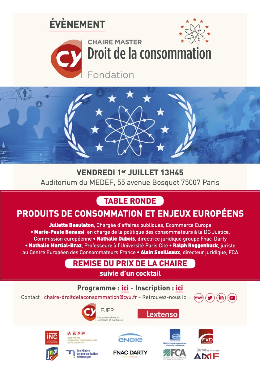 CHAIRE-MASTER DROIT de la CONSOMMATION (@chaireconso) on Twitter photo ‼️Évènement à Paris <a href="/ChaireConso/">CHAIRE-MASTER DROIT de la CONSOMMATION</a> 1er Juillet 14h-17h : Produits de #consommation et Enjeux européens
2 tables rondes (durabilité des produits et passeport numérique) avec notamment M.P. Benassi <a href="/CommissionEuro/">CommissionEuropéenne🇪🇺</a>, <a href="/FCACommerce/">Fédération du Commerce Coopératif et Associé</a> <a href="/Fnac/">Fnac</a>
inscription+info👉 tinyurl.com/47premsh ‼️Évènement à Paris <a href="/ChaireConso/">CHAIRE-MASTER DROIT de la CONSOMMATION</a> 1er Juillet 14h-17h : Produits de #consommation et Enjeux européens
2 tables rondes (durabilité des produits et passeport numérique) avec notamment M.P. Benassi <a href="/CommissionEuro/">CommissionEuropéenne🇪🇺</a>, <a href="/FCACommerce/">Fédération du Commerce Coopératif et Associé</a> <a href="/Fnac/">Fnac</a>
inscription+info👉 tinyurl.com/47premsh