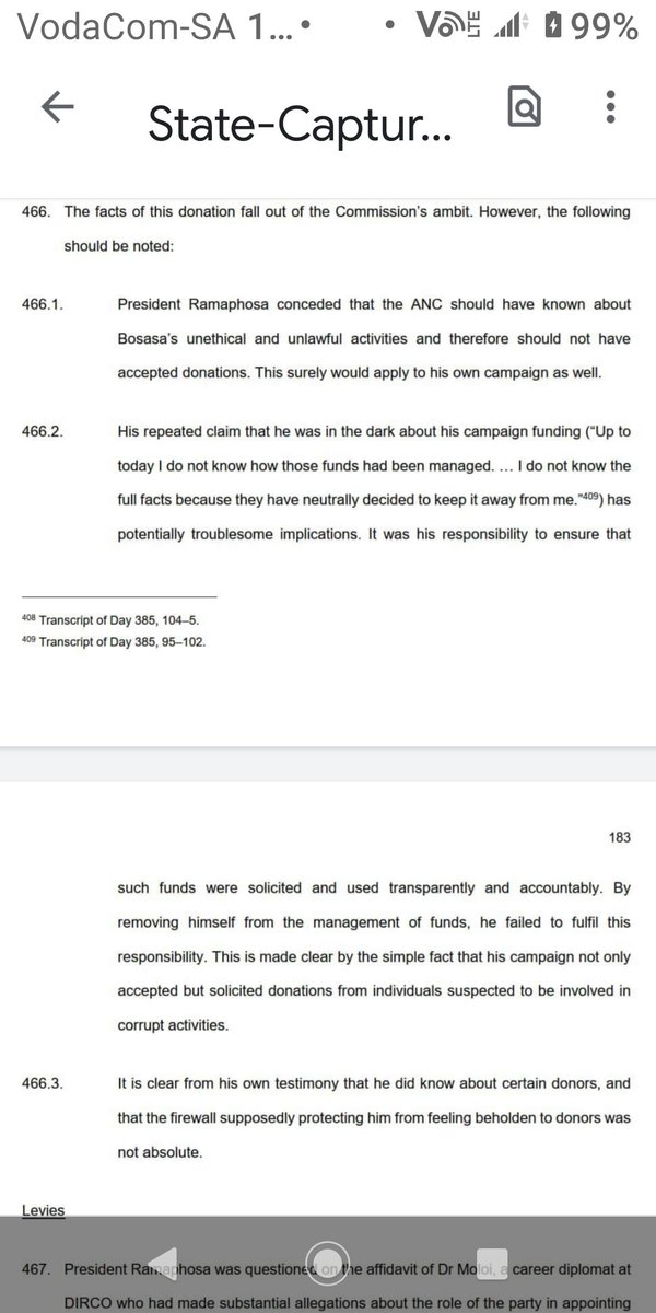 vngalwana's tweet photo. #ZondoReport
Ramaphosa lied when he said he didn't know his CR17 donors, CJ Zondo finds. He also finds that Ramaphosa "failed to fulfill his responsibility" &amp; that CR17 donations were also solicited "from individuals suspected to be involved in corrupt activities"🤦🏿🤦🏿Read👇🏿 https://t.co/dVMrwjFYXs