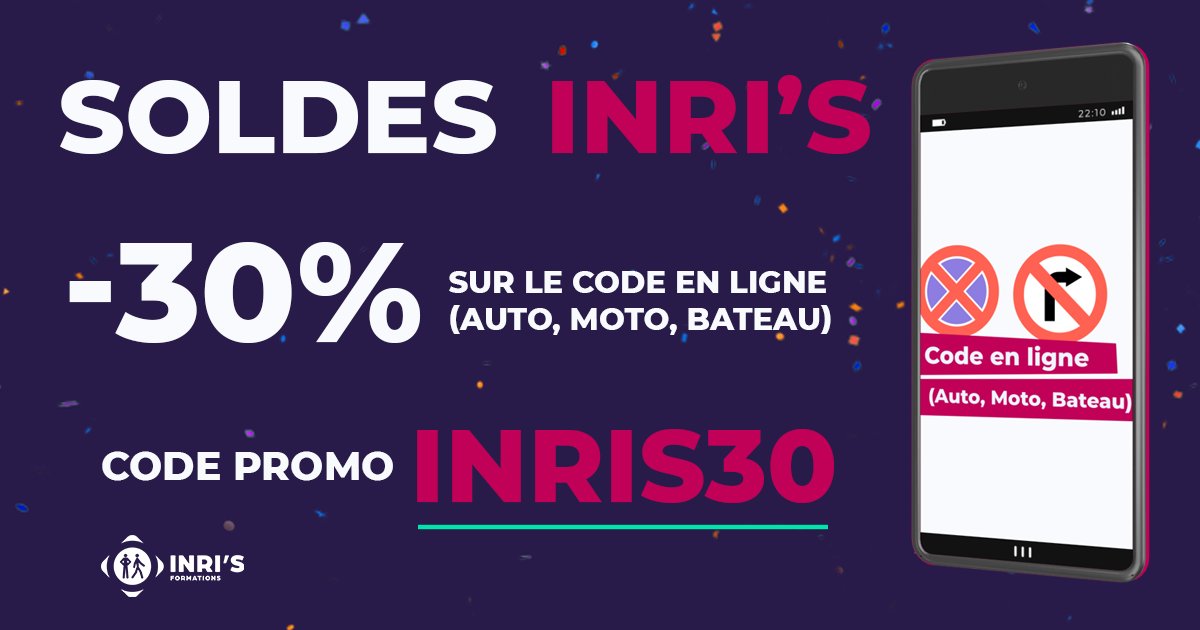 🎉Les soldes sont enfin arrivées !!!! Il est temps d'en profiter pour réviser ton code  😎

Choisis ton code et c'est parti ! 👇
Code de la route auto
reseau-inris.com/code-de-la-rou…
Code de la route moto
reseau-inris.com/code-de-la-rou…
Stage code live accéléré
inris-formations.com/stage-code-liv…
#PROMO