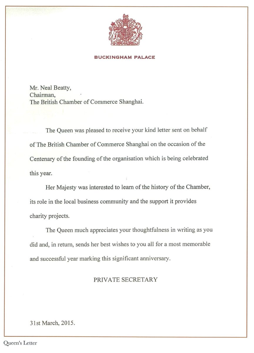 BritChamSH's tweet photo. Today, we celebrate 70 years since HM The Queen became Patron of @britishchambers 

In 2015, we were honored to receive a letter, from the Buckingham Palace, with HM The Queen's best wishes for @BritChamSH's Centenary Celebration (1915-2015). 

#BCCPatron #HM70 #PlatinumJubilee https://t.co/1GTfjdsdtM