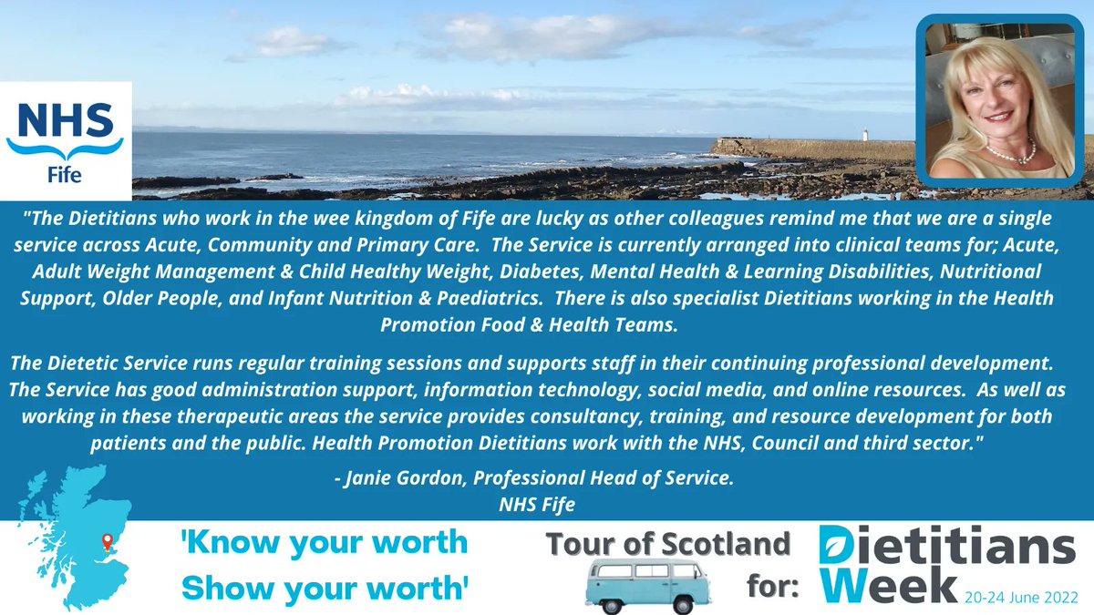 This morning we head east to the Kingdom of Fife to hear about the specialist teams working in the area and the CPD support provided to dietetic staff 🙌. Thank you, @GordonJanie, for joining us on our 'Tour of Scotland' for #DW2022. @BDA_Scotland @BDAEastScotland