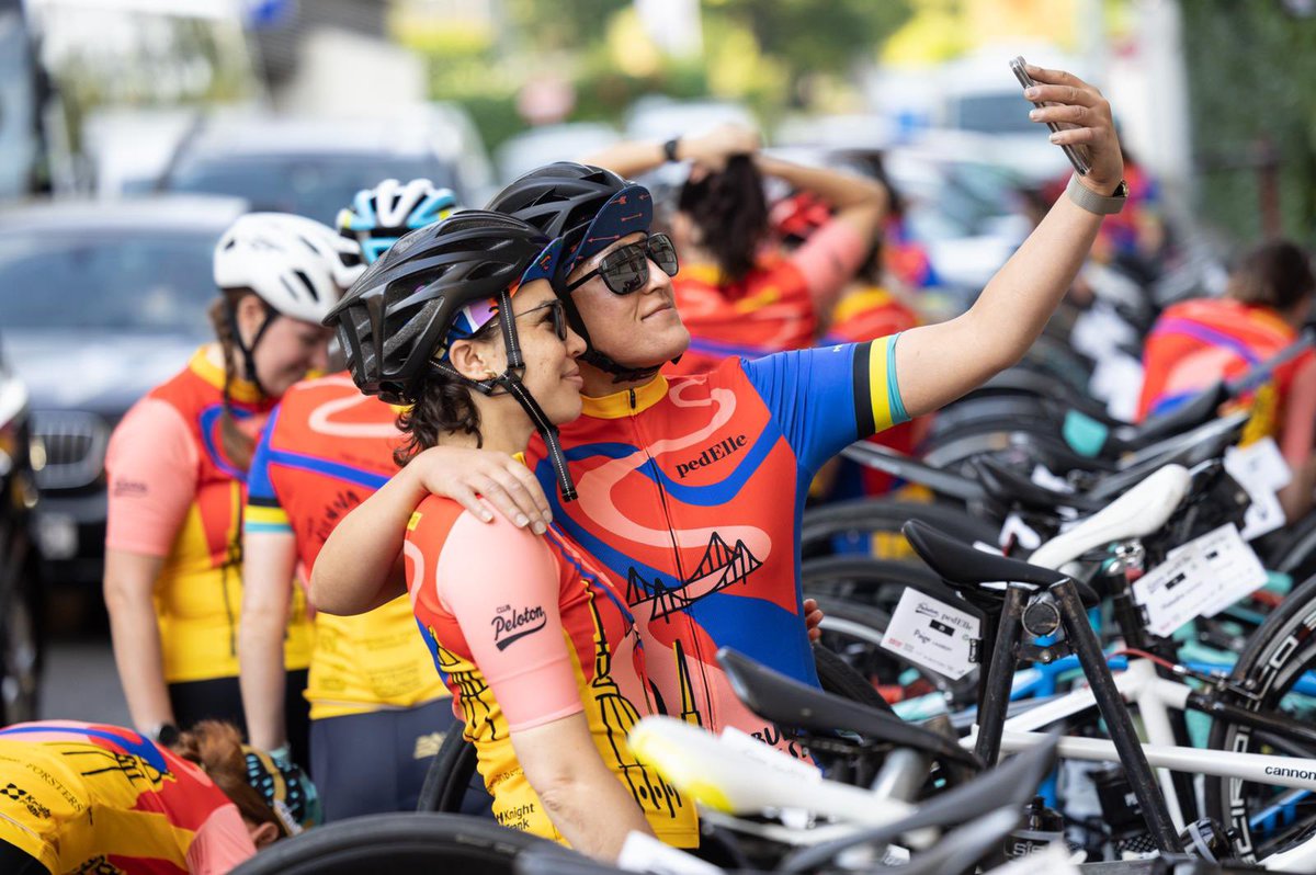 ClubPeloton's tweet photo. And they’re off! #pedElle 2022 is underway. Today 60 women from her property industry face 190kms of cycling from Vienna to Oponice. 
It’s all in aid of our charity projects improving the lives of children. https://t.co/lMCx7tChnp