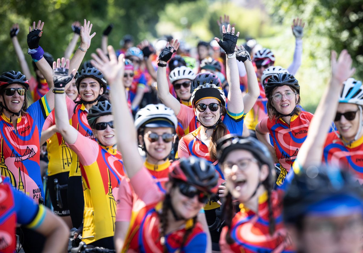 ClubPeloton's tweet photo. And they’re off! #pedElle 2022 is underway. Today 60 women from her property industry face 190kms of cycling from Vienna to Oponice. 
It’s all in aid of our charity projects improving the lives of children. https://t.co/lMCx7tChnp
