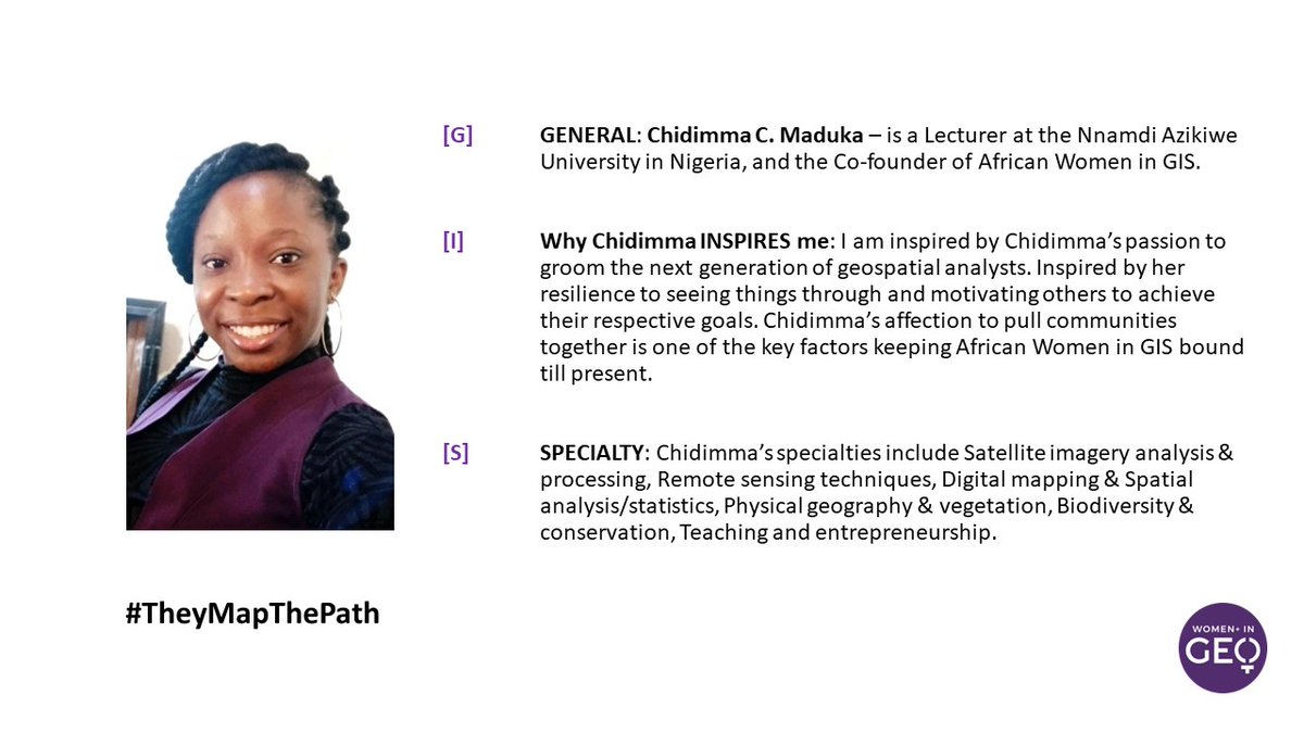mooresther__'s tweet photo. @geospatialwomen @GetKidsintoSurv @TheyMapThePath Second feature for the #TheyMapThePath campaign by @geospatialwomen is @ChidimmaUmeogu
She is an amazing woman who definitely adds her spark to the @africwomeningis community.
Chidimma, #map the path forward!
@TheyMapThePath https://t.co/vVu2MZBiiL