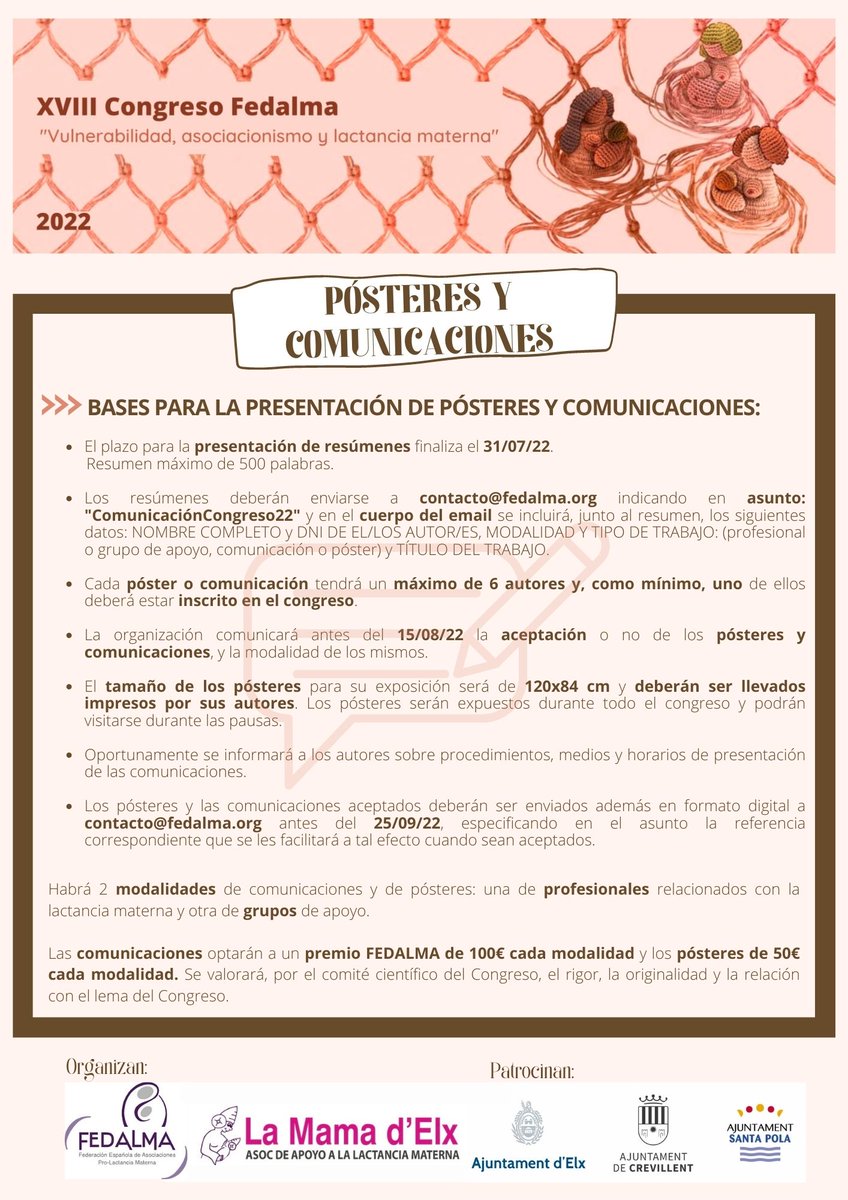 Fedalma_es's tweet photo. Anímate y prepara tu comunicación oral o tipo poster, envía tu propuesta para que la valore el Comité científico y pronto puedas presentarlo en el #CongresoFEDALMA
Vulnerabilidad, Asociacionismo y Lactancia Materna.
https://t.co/cx2z2II8oh https://t.co/KZEFs23lxa