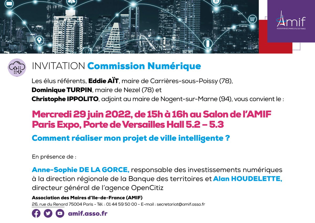 📍L'<a href="/AMIF_asso/">AMIF</a> organise une commission #numerique,👩‍💻 "Comment réaliser mon projet de ville intelligente ?" le 29 juin à 15h au <a href="/salon_amif/">Salon de l'AMIF</a> 🗓️
➡️Pour en savoir + bit.ly/3FgEIY7
Inscription urlz.fr/iqnj