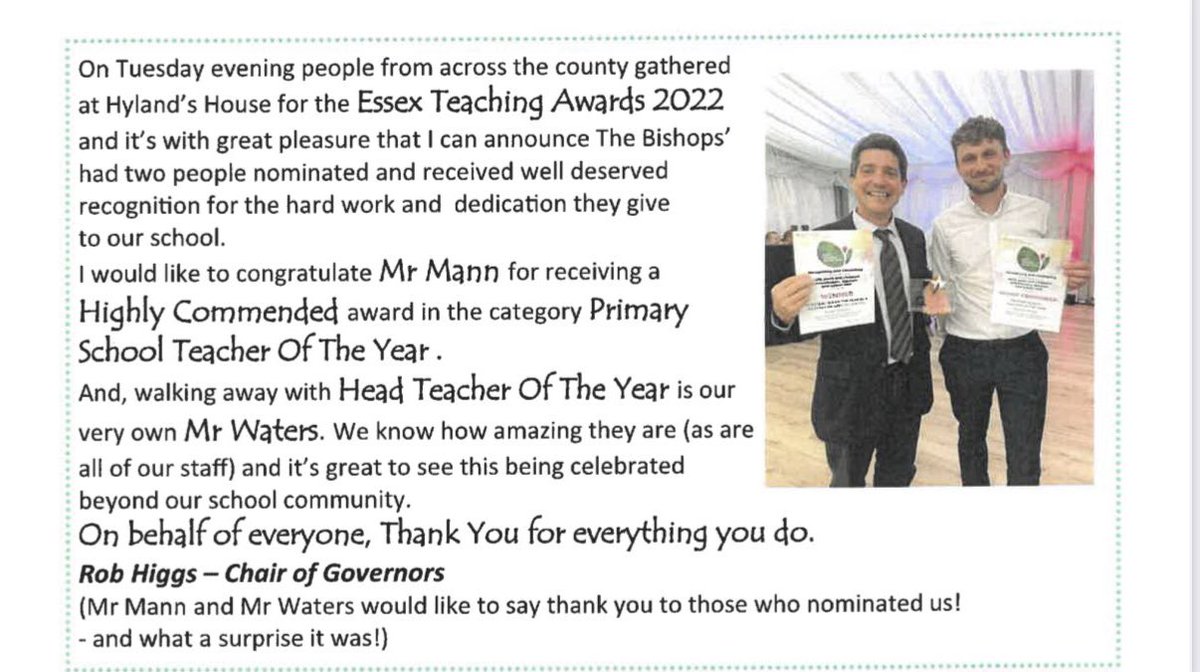 CMXSCLTD's tweet photo. 🌟 Another BIG Congratulations 🌟

To Mr Waters ( HT ) and Mr Mann who won Head Teacher of the Year &amp; Primary School Teacher of the Year at the Essex Teaching Awards! 🏆

@Essex_CC 
@ChelmsCouncil 
#chelmsford 
#primaryschool https://t.co/6lVbIaJ8qz