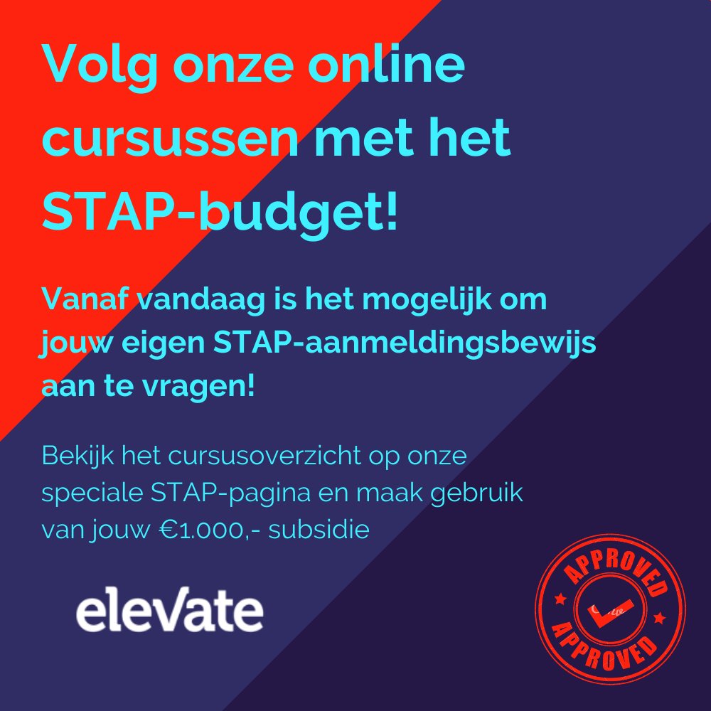 ElevateH's tweet image. Waar ga jij het STAP-budget van €1000,- voor gebruiken?
Bezoek de website voor het aanvragen van het STAP-aanmeldingsbewijs en voor een overzicht van alle 45 online cursussen die beschikbaar zijn met de STAP-regeling: bit.ly/3tUMQcm
#STAPregeling #STAP #elevatehealth