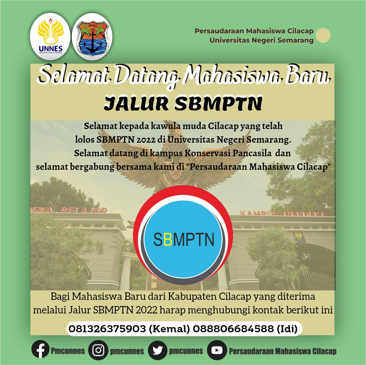 pmcunnes's tweet photo. [SELAMAT DATANG MAHASISWA BARU JALUR SBMPTN 2022]

Narahubung :
https://t.co/zJa8SP1UZG (kemal)
https://t.co/bmgg1NTL1X (idi)

PMC UNNES 
------------------------------------
FB : Pmcunnes
Ig/Twitter : @pmcunnes
Line : @xn2425y
YouTube : Persaudaraan Mahasiswa Cilacap https://t.co/HYxMYIbVfK
