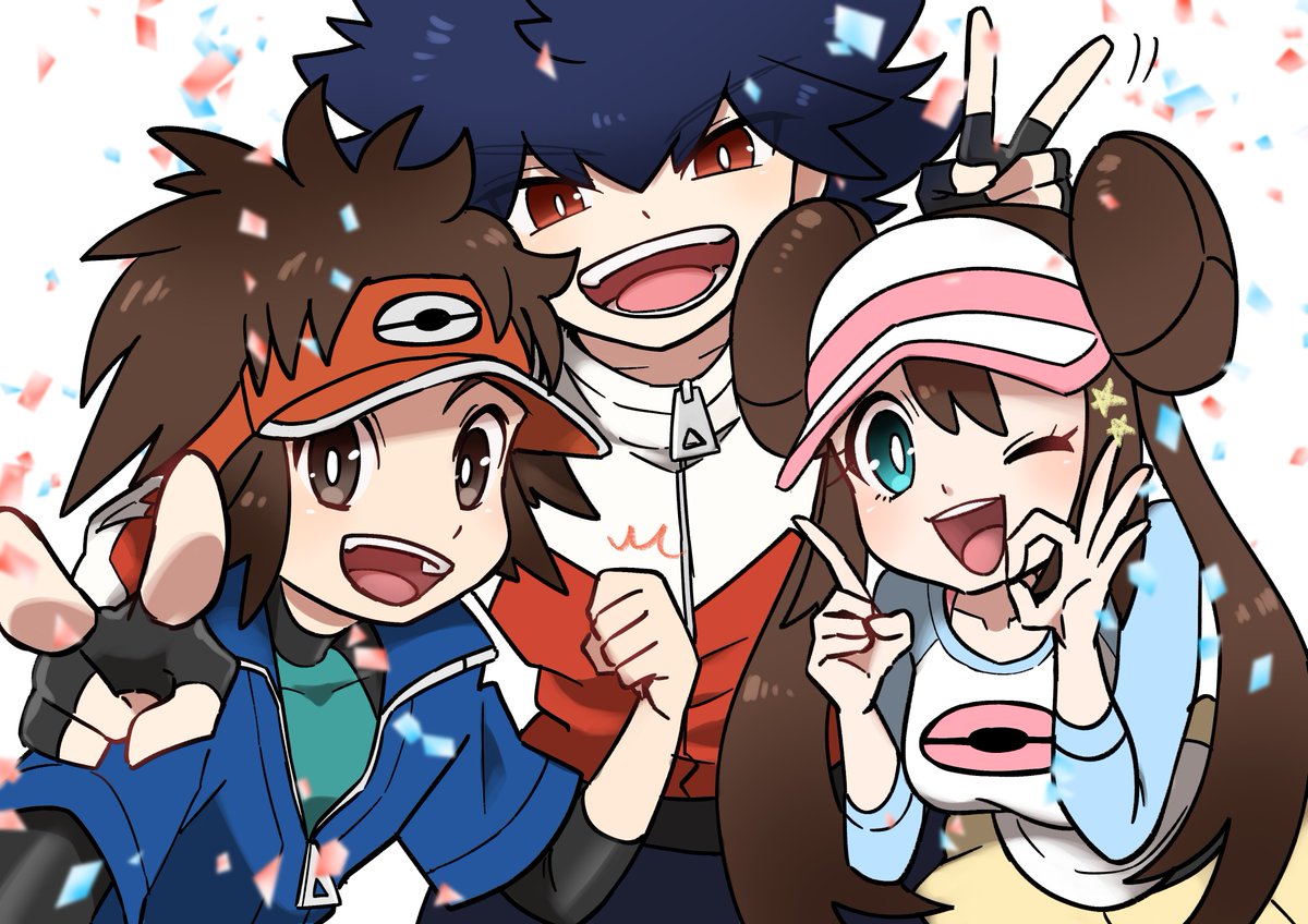 nate (pokemon) ,rosa (pokemon) 1girl visor cap multiple boys brown hair fingerless gloves tongue bright pupils  illustration images