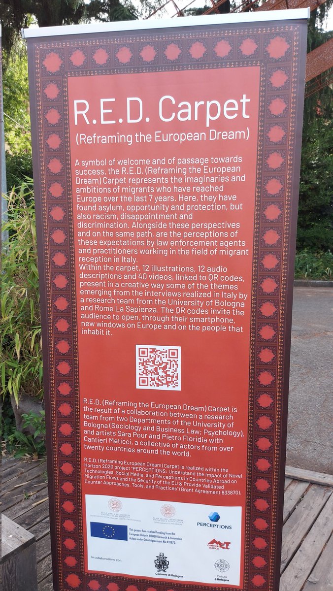 elelona's tweet photo. Together with @SaraMic_
we finally made it to Bologna to visit the R.E.D. (Reframing the European Dream) Carpet. An initiative of our colleagues @Unibo organized within @PERCEPTIONS_EU to narrate the stories of the quali fieldwork that we jointly made in Italy with migrants https://t.co/IVoJDRaZ29