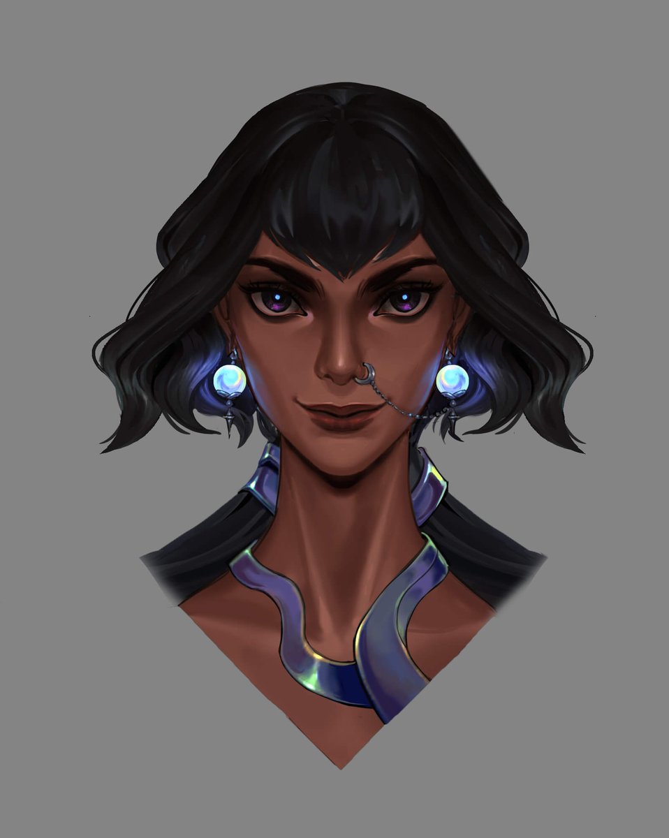 1girl solo dark skin jewelry earrings grey background dark-skinned female  illustration images