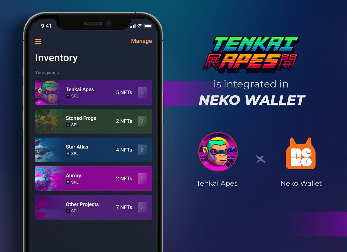 This collab will change your experience with NFT 
<a href="/TenkaiApes/">Tenkai Apes</a> x <a href="/nekowallet/">Neko Wallet | Wallet for Degens</a> 
Store your NFT like a true NFT degen with <a href="/nekowallet/">Neko Wallet | Wallet for Degens</a> exclusive NFT inventory interface 🔥 

*NFA DYOR*
Download:
👉  Android: bit.ly/3HJdc75
👉 iOS: apple.co/3y8VAOA