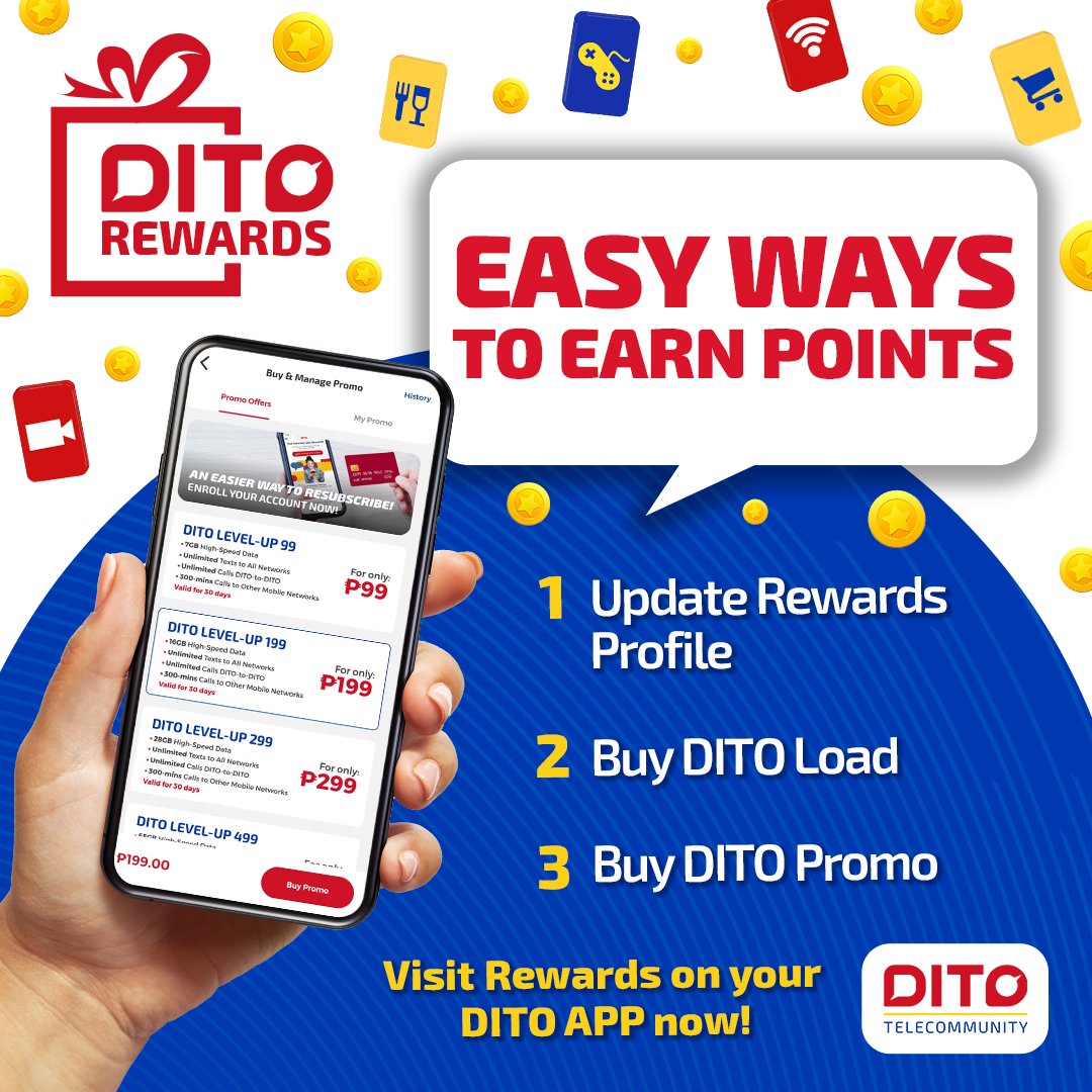DITOphofficial's tweet photo. Earning DITO Points? Kayang kaya DITO! Here are 3 ways on how you can earn DITO Points!
Visit the Rewards section on your DITO App to learn more.
#DITOrewards #RewardedKaDITO #GetRewardsDITO #HappyDITO #GetMoreDITO https://t.co/GxBHz5LrY9