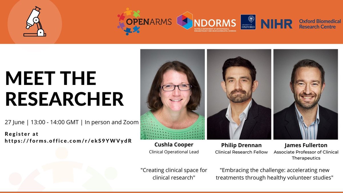ndorms's tweet photo. Come along on Monday to ‘Meet The Researcher’ – IN PERSON! We’ll be hearing about how researchers can accelerate new treatments through healthy volunteer studies, and creating space for clinical research.
🗓 Monday 27 June, 1pm
📍 @BotnarOxford (and Zoom)
https://t.co/f7ZihpVzp2 https://t.co/bEJJCNoNDx