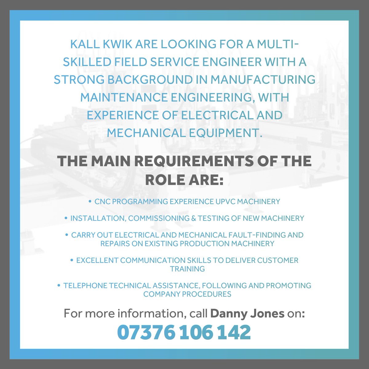 KallKwikNews's tweet photo. Kall Kwik is hiring!

We are looking for a Multi-Skilled Field Service Engineer to develop our team.

If you’re interested and have a strong background in manufacturing maintenance engineering, please send your CV and cover letter to danny@kallkwik.uk.com https://t.co/Sx2j6eM7MV