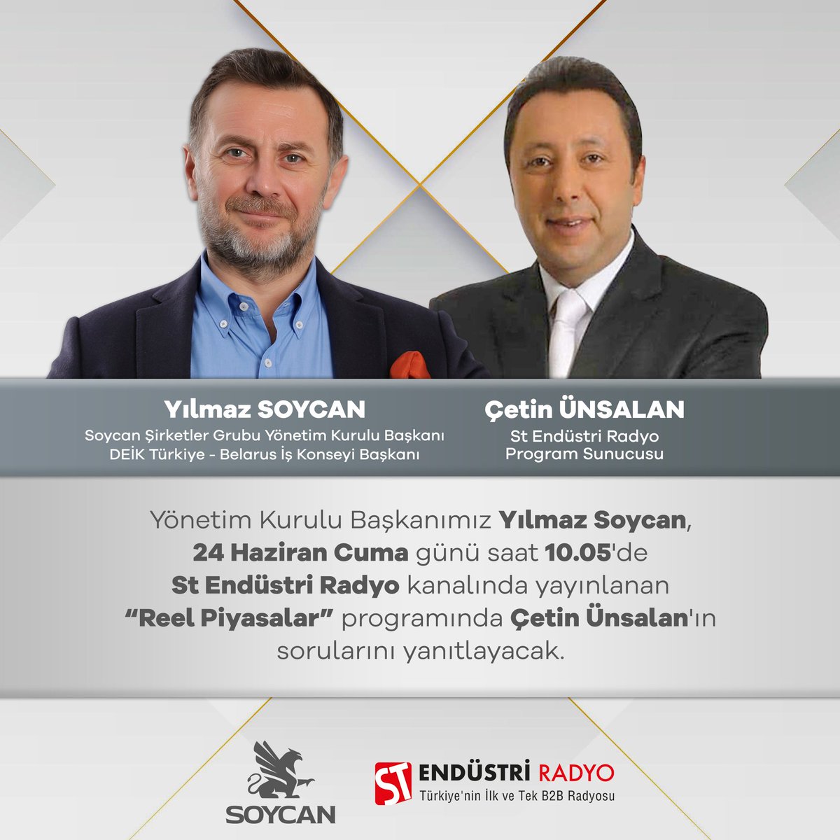 DEİK Türkiye-Belarus İş Konseyi Başkanı ve Soycan Şirketler Grubu Yönetim Kurulu Başkanımız Sayın Yılmaz Soycan, yarın saat 10.05'de St Endüstri Radyo'da yayınlanacak "Reel Piyasalar" programına konuk olacak. 

#DEİK #İşimizTicariDiplomasi #BusinessDiplomacy #Business