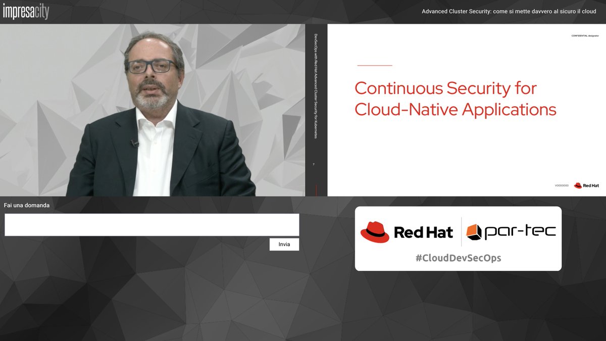 ParTecSpA's tweet photo. Il webinar "Advanced Cluster Security: come si mette davvero al sicuro il cloud" con @RedHatItaly sta iniziando: seguite il live tweeting sull’account Twitter di @impresacity, media partner dell’evento.
#CloudDevSecOps https://t.co/SyqEjdkQDV