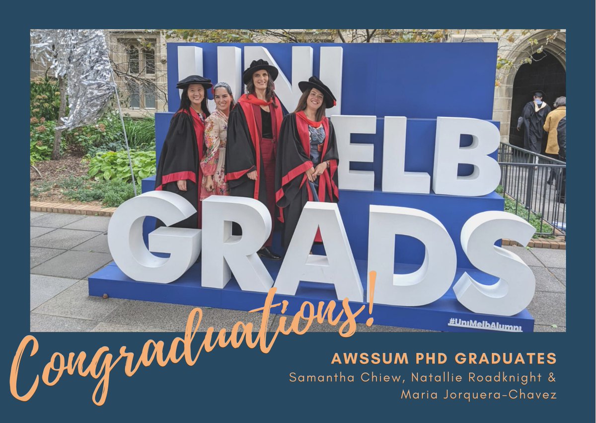 awssum_gsa's tweet photo. A late congratulations to our wonderful Samantha Chiew, Natalie Roadknight, and Maria Jorquera-Chavez, who in May were finally able to attend their graduation ceremony as successful AWSC @FVASunimelb PhDs! We miss you in the office but we are so proud of you! #UniMelbAlumni🐧🐮🐖 https://t.co/cFKqbSdhVH